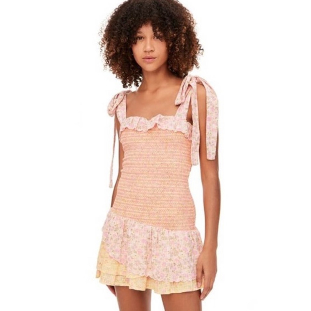 love shack fancy Aya Ruched smocked tie shoulder mini dress
